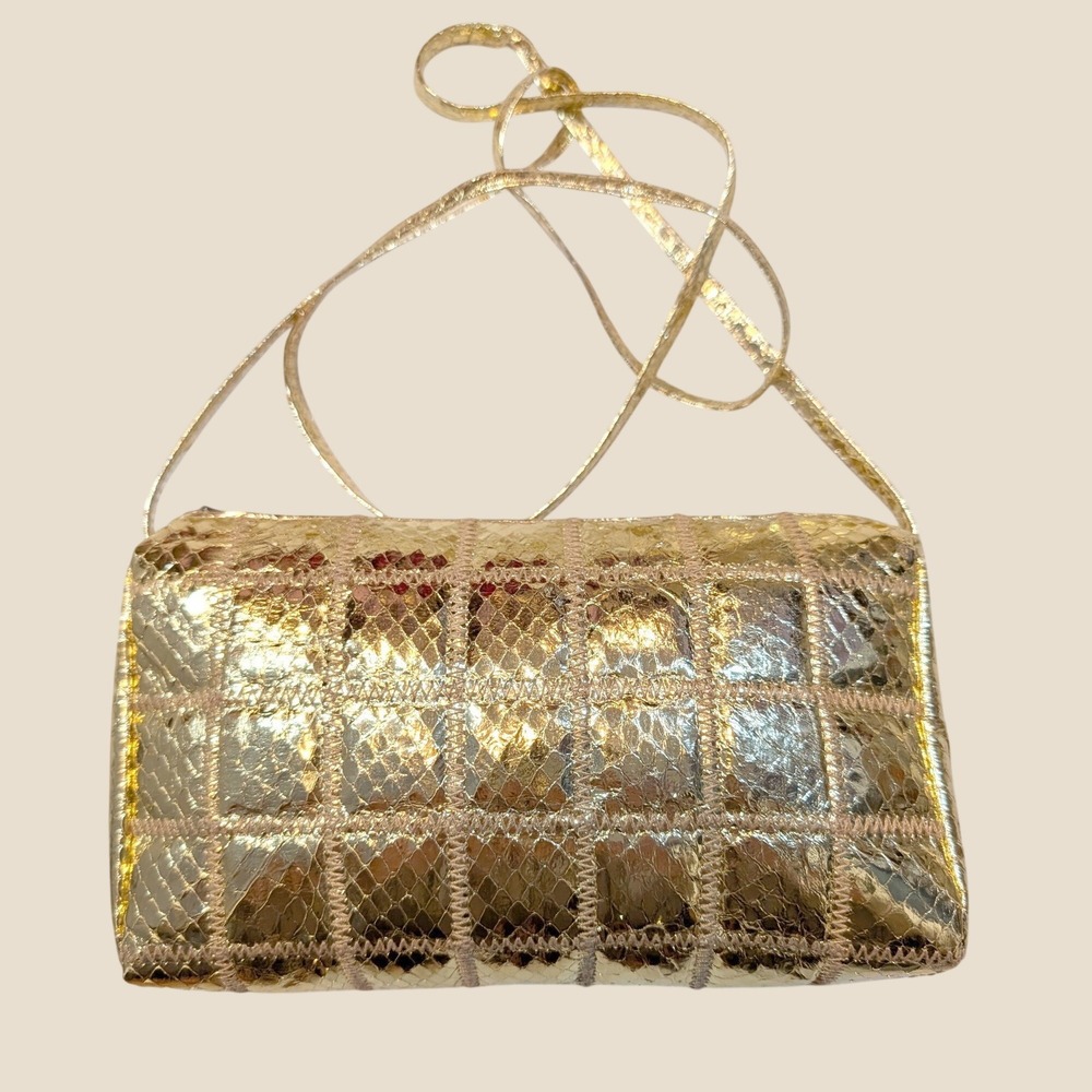 Vintage Lee Sands Gold Genuine Snakeskin Quilted Shoulder Bag 80s Glam‎ Retro